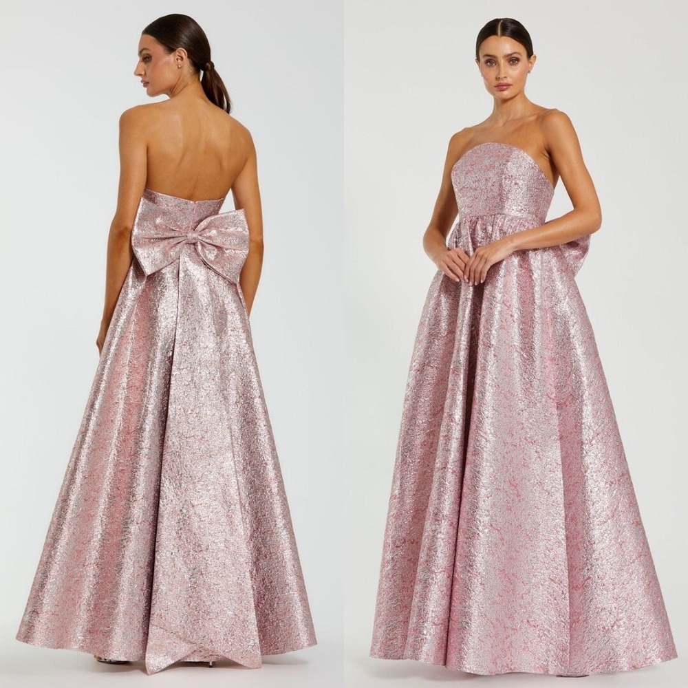 NEW Mac Duggal Pink Metallic Strapless Brocade Gown With Oversized Bow - Size 12